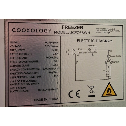 497 - A 'Cookology' 68L undercounter freezer, model no. UCFZ68WH. PAT test pass & functionality test indic... 