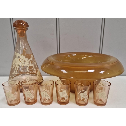 550 - A large collection of vintage glassware. To include hunting scene decanter & glasses, table centrepi... 