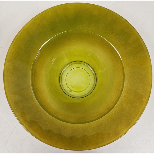 554 - A vintage, avocado green, glass table centrepiece. Height 11cm, diameter 37cm.