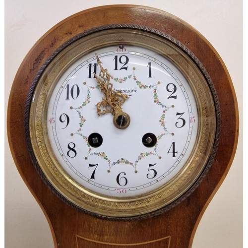 612 - A fine Edwardian inlaid mahogany balloon mantel clock, made by 'R. Stewart, Glasgow'. Enamel dial, c... 