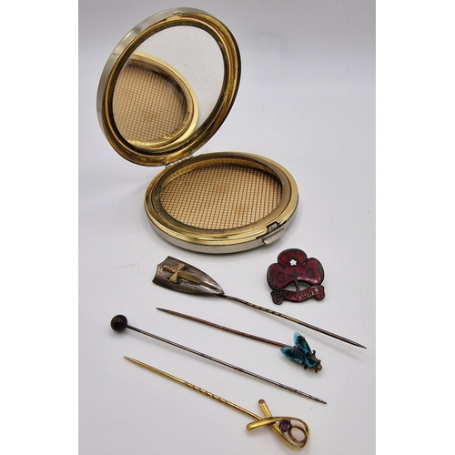 644 - A selection of costume jewellery, a compact & four hat pins.