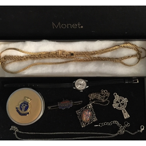 677 - A mixed lot of costume jewellery, manual Sekonda watch (working), silver pin badge, HMS Theseus comp... 