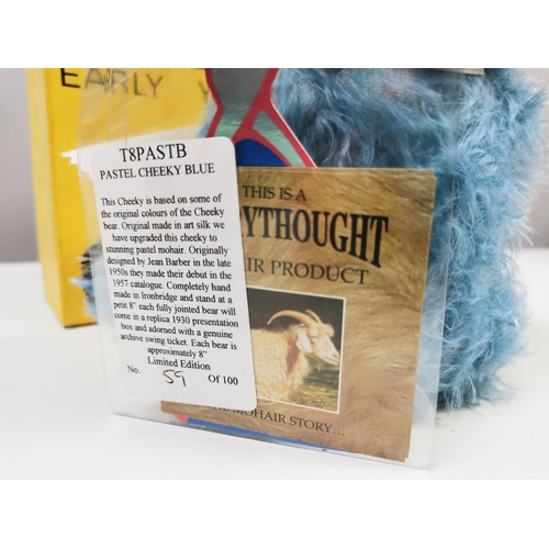 839 - Merrythought 'Pastel Cheeky Blue' bear. Striking blue mohair with accompanying ribbon. Catalogue no.... 