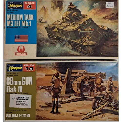 884 - A pair of unmade Hasegawa Mini Box model kits. Box 4 Medium Tank M3 Lee Mk.1 & Box 10 88mm Gun Flak ... 