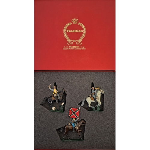 896 - A pristine/boxed set of three US Civil War Confederate cavalry soldiers. Hand-painted by 'Tradition'... 