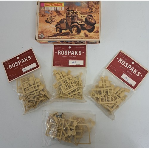 888 - Four Rospaks wargaming figures packs (one opened), together with an unassembled Matchbox Humber MkII... 