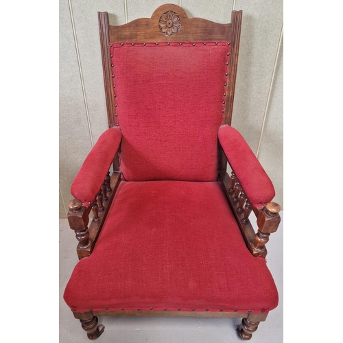 96 - An Edwardian Lounge Chair. Oak framed with a vibrant red fabric upholstery. Dimensions(cm) H102(37 t... 