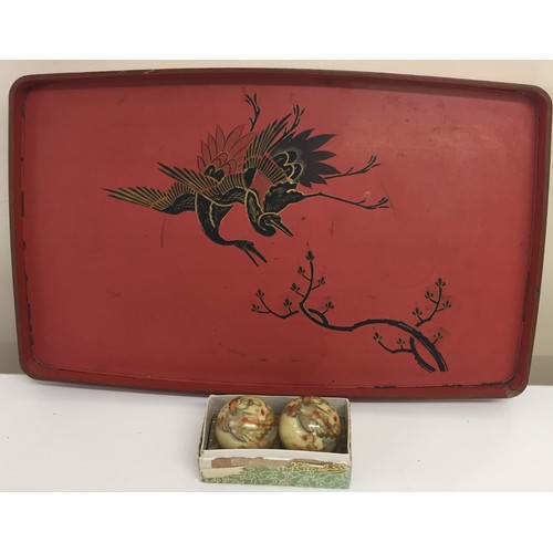 316 - A mixed lot of vintage, oriental pieces. To include a vibrant red Meiji tray, marble health balls & ... 