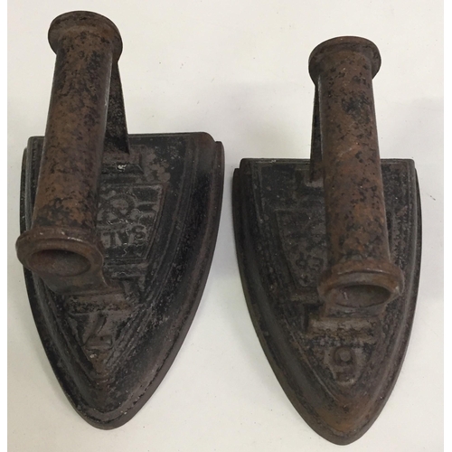 398 - A pair of antique 'Salter' flat irons. Sizes 6 & 7. Dimensions (cm) H12/12, W16/15. D11/10.