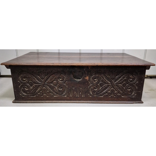 461 - A likely 18th century deed box, with intricate carving to front. Dimensions(cm) H20, W69, D43.