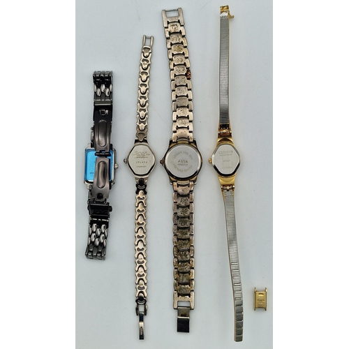 585 - A collection of four ladies watches. All battery powered. Makers include Ledfort, OMAX, Avia & Swiss... 