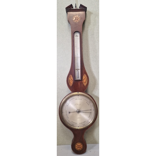 603 - An inlaid mahogany, Georgian wheel barometer. Dial marked 'Frn. Wright' & dated 1805. Appears in wor... 