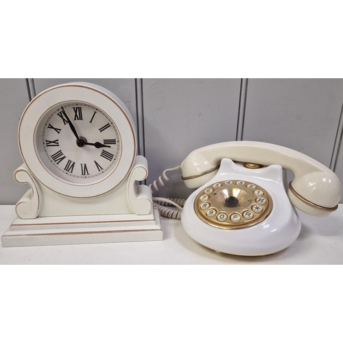 605 - A contemporary mantel clock (working) & retro telephone (untested).