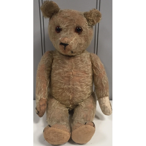 798 - An early 1900's teddy bear. Glass eyes, stitched/elongated snout, long limbs, straw-filled, growler ... 