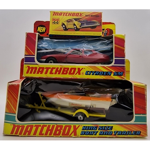 872 - A trio of original, boxed 'Matchbox models - King Size Boat and Trailer, Citroen SM & Superfast Boss... 