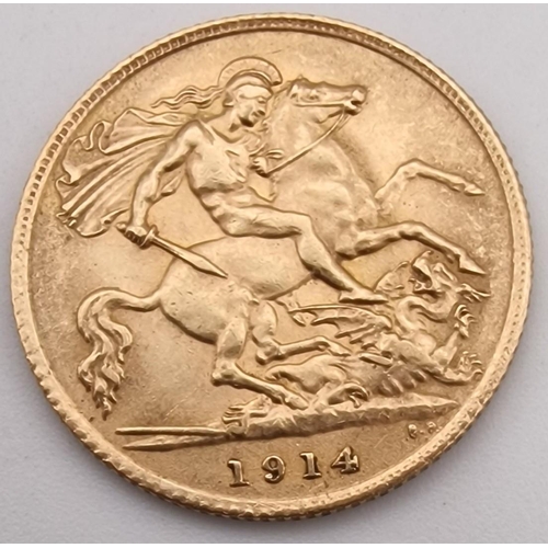 A 1914 gold Half-Sovereign coin. Weight approx. 4g.