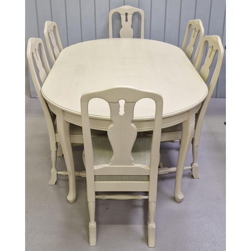 A stunning, contemporary painted table & chairs. Professionally painted & supplied by 'Scumble Goosie'. A one-piece table, complete with six fiddle back chairs, all painted in a subtle cream colour, with light green padded seat cushions. Dimensions(cm) - Table H75, W160, D106; Chairs H102 (46 to seat), W51, D40.