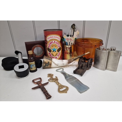 6214 - A mixed lot of brewery-related items. To include hip flasks, bottle openers etc., together with a co... 