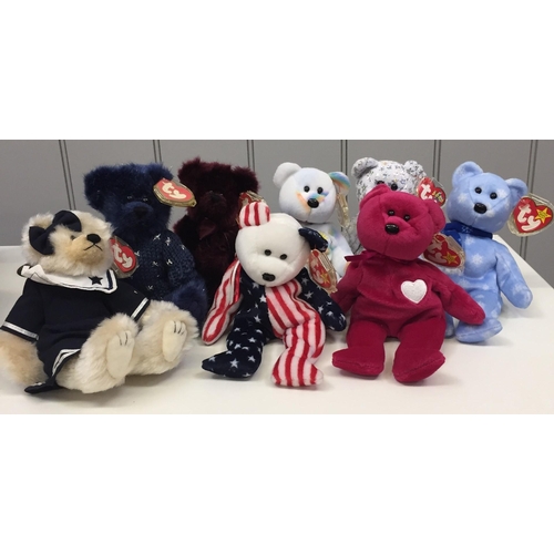 A collection of eight TY  The Attic Treasures & Beanie Babies. To include 'Breezy' (1993), 'Orion (1993), 'Beargundy' (1993), 'Valentina' (14/02/98), '1999 Holiday Teddy' (25/12/99), 'The Beginning' (01/01/00), 'Cheery' (18/08/00) & 'Spangle' (14/06/99).  All with tags.