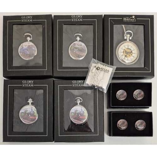 5005 - A collection of five Atlas Editions pocket watches, together with two pairs of Flying Scotsman cuffl... 