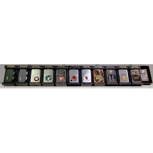 5018 - A collection of ten, mostly sport-themed,  Zippo lighters, together with a pair of Zippo greenkeeper... 