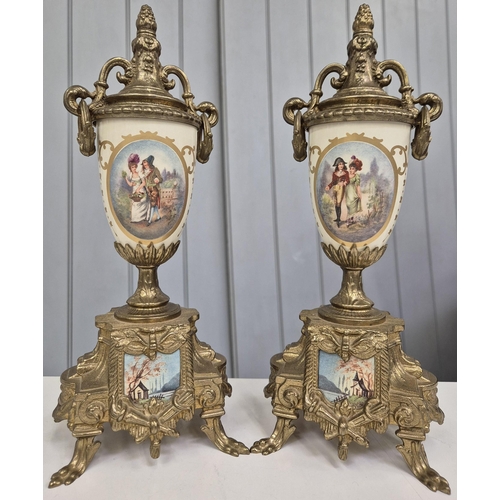 5198 - A late 20th century clock garniture, by Franz Hermle Lancini. Brass cased, with ceramic panelling, d... 