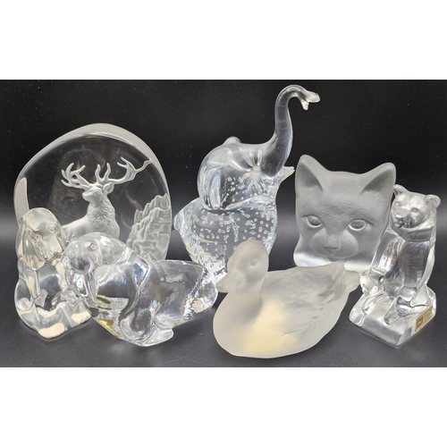 A collection of seven good quality crystal art & paperweights. To include a Baccarat seated dog, Goebel duck, Nybro cat bust, Marcolin elephant, Hadeland bear, Royal Doulton walrus & Wedgwood deer.