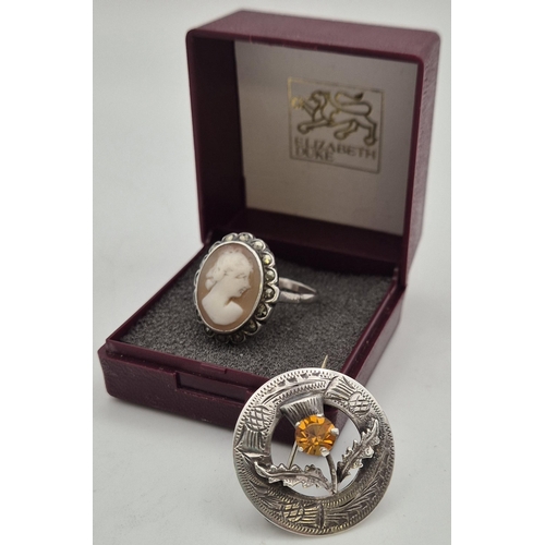 6286 - A silver thistle brooch, together with a vintage silver cameo ring (misshapen).