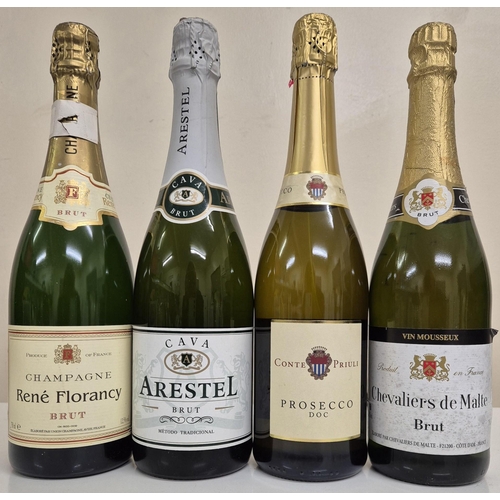 6291 - A selection of four bottles of unopened sparkling white wine. To include Champagne, Prosecco(x2) & C... 