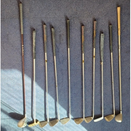 6296 - A set of ten golf clubs, with vintage bag. Makers include Oakwood, Prodrive, Progold, etc.