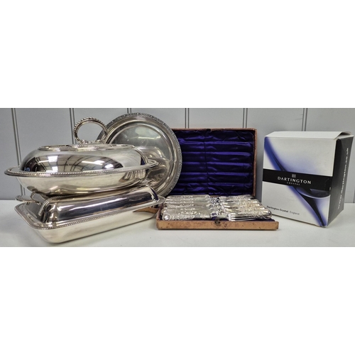 6307 - A mixed lot of good quality tableware. To include silver-plated boxed cutlery set, two tureens, pewt... 