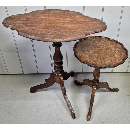 6314 - A vintage mahogany occasional table, with tilt mechanism (damage to leg), together with a piecrust t... 