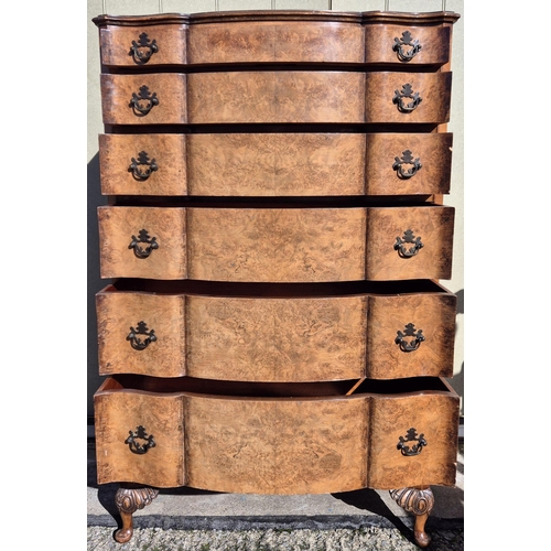 6327 - A stunning burr walnut chest of six graduated drawers, supported by Queen Anne style legs. Dimension... 