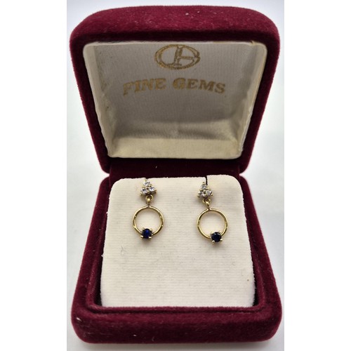 6342 - A pair of boxed, yellow metal dangly earrings, by Fine Gems.