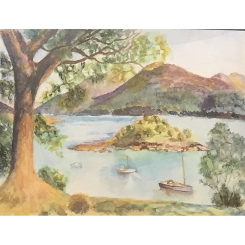 5055 - A mixed lot of three art pieces. To include an unframed watercolour 'Bishop Bay', by HJA 1986; an et... 