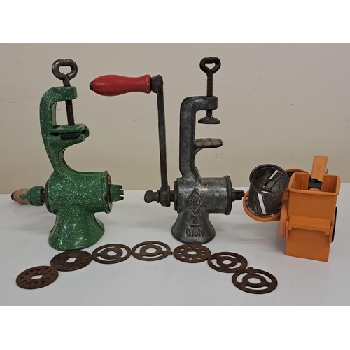 5209 - A trio of antique & vintage table-top mincers, with attachments.