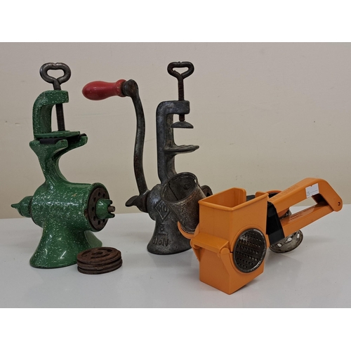 5209 - A trio of antique & vintage table-top mincers, with attachments.