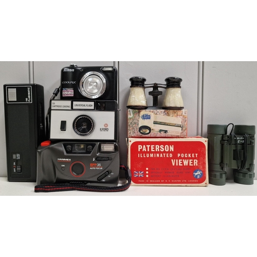 5208 - A mixed lot of four vintage cameras, two slide viewers & two pairs of binoculars. To include 110/126... 