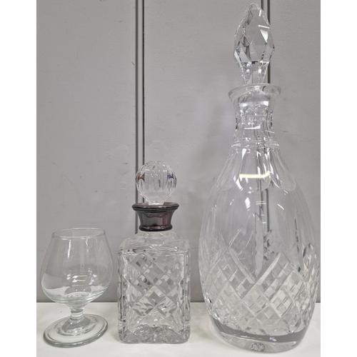 5222 - A crystal wine decanter, a silver-collared miniature crystal decanter & a brandy glass. Tallest 32cm... 