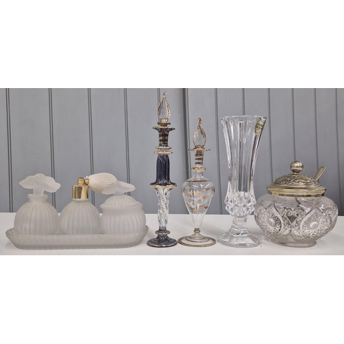 5225 - A mixed lot of vintage, decorative glass items. To include two Egyptian perfume bottles, vanity set,... 