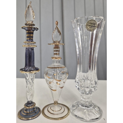 5225 - A mixed lot of vintage, decorative glass items. To include two Egyptian perfume bottles, vanity set,... 