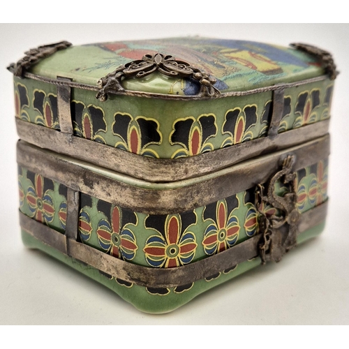 4804 - A charming Japanese trinket box; early 1900's. Enamel decorated with a traditional family scene, ado... 