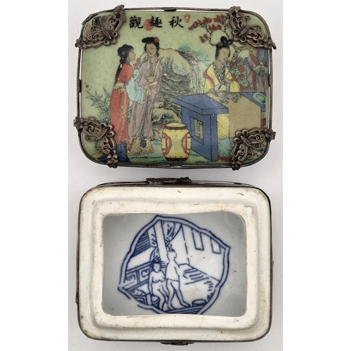 4804 - A charming Japanese trinket box; early 1900's. Enamel decorated with a traditional family scene, ado... 