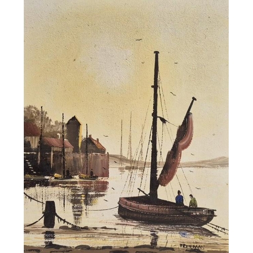 4845 - A set of three oil on boards, each depicting sea/harbour scenes & signed by the artist 'Freeman'. Di... 