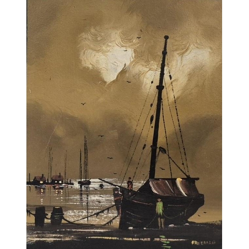 4845 - A set of three oil on boards, each depicting sea/harbour scenes & signed by the artist 'Freeman'. Di... 