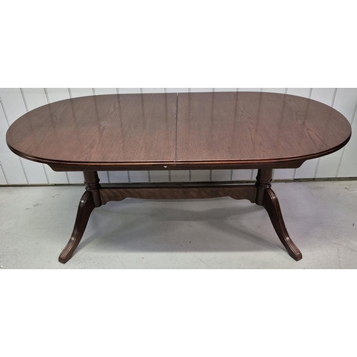 4852 - A vintage, walnut finish extending dining table, with six matching ladderback chairs. Table dimensio... 