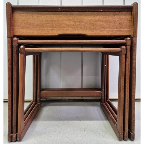 4872 - A mid-century teak nest of three tables. The larger featuring a tiled top & single drawer. Largest d... 