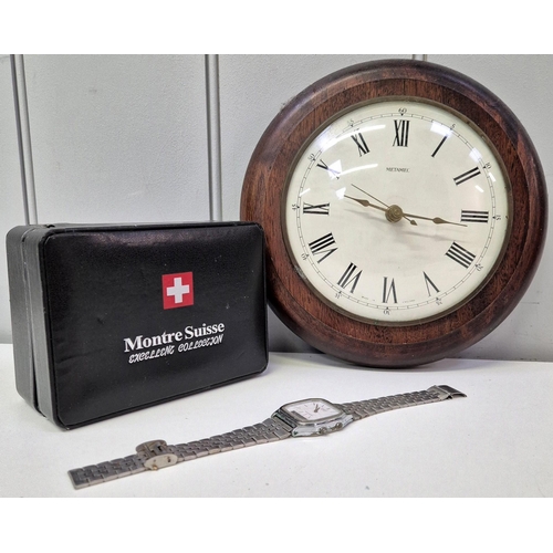 4949 - A boxed gents watch, by 'Montre Suisse', together with a retro 'Casio' watch & 'Metamec' clock.