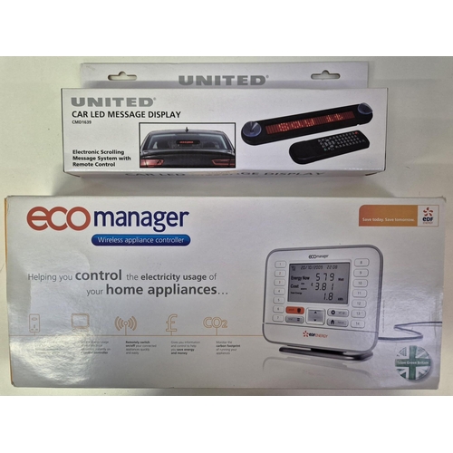 4954 - A mixed lot of gadgets. To include a boxed/new eco manager, boxed/new United car LED message display... 