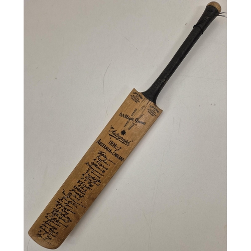 A rare autographed mini cricket bat from the famous 1936-7 Ashes series in Australia, when Australia came back from 2-0 down to retain the Ashes, with Bradman making  two double centuries & a century in the final three tests.
